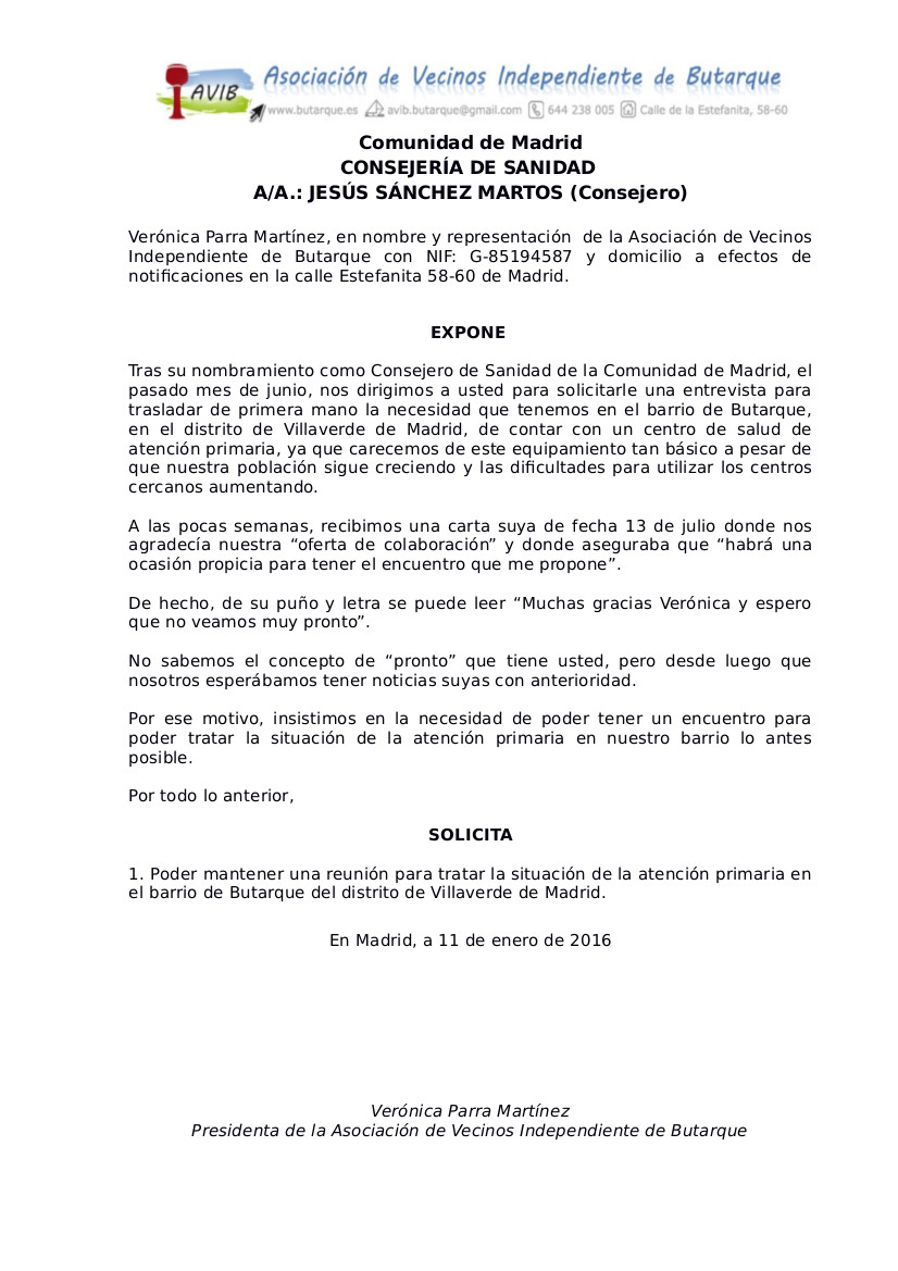 Nueva solicitud de reunión al Consejero de Sanidad