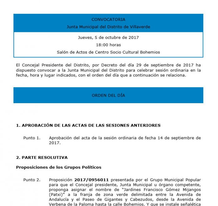 Pleno de la Junta Municipal de Villaverde octubre 2017