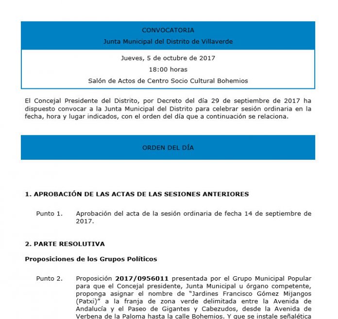 Pleno de la Junta Municipal de Villaverde octubre 2017